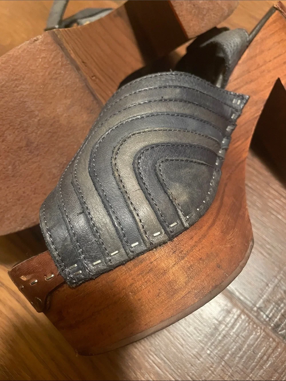 Free People Blue Leather and Wood Platform Wedge